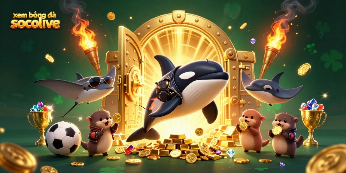 Experience xem bóng đá socolive with vibrant casino-themed characters and luxurious gold elements in this dynamic illustration.