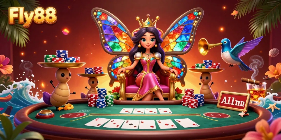 Engage with Fly88's vibrant casino scene featuring a butterfly queen, poker chips, and dynamic game elements.