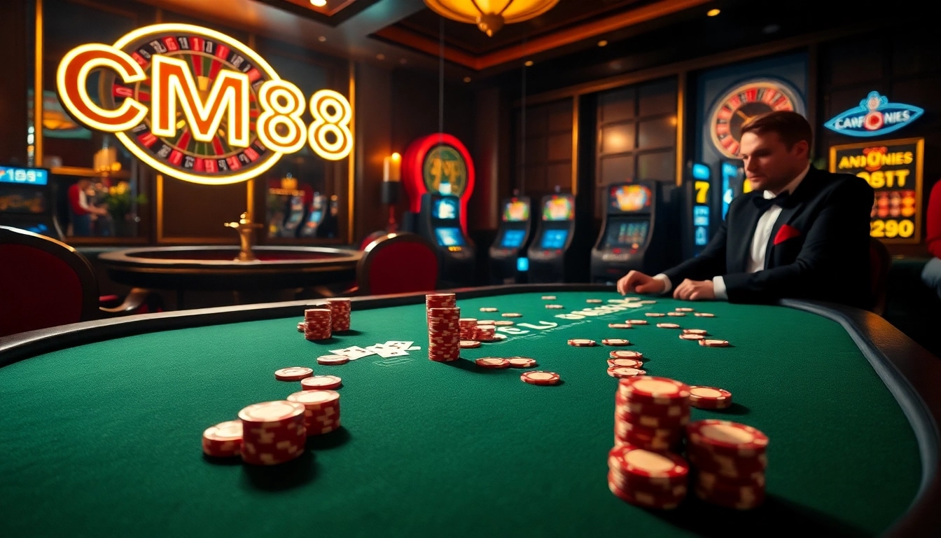 Engaging in high-stakes poker at a luxurious table, highlighting CM88 in a vibrant casino setting.