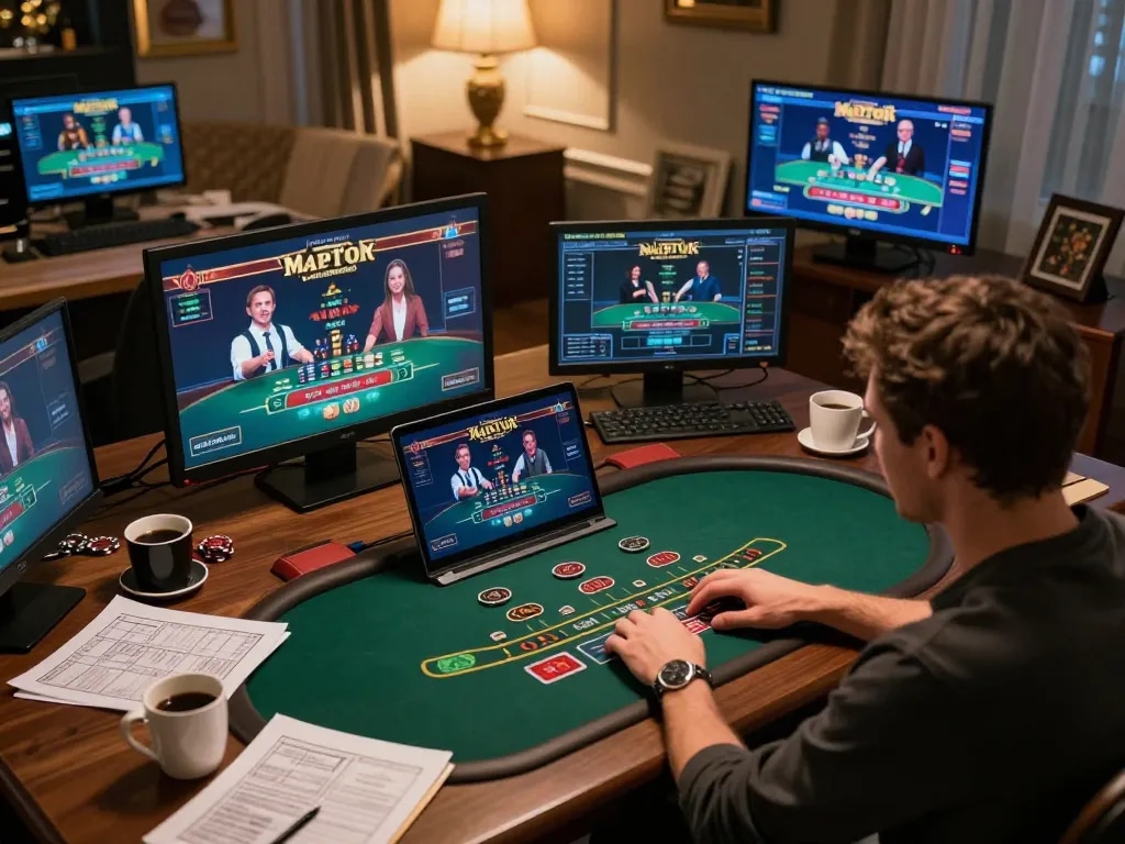 Engaging with the nhà cái mm88 through a dynamic live dealer blackjack game on a laptop.