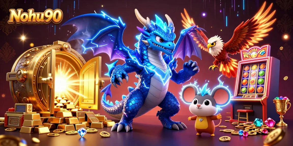 Nohu90 brings excitement to life with a dynamic casino scene featuring a thunder dragon and vibrant slot machines.