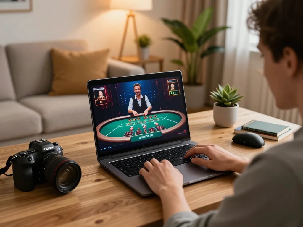Engaging in live dealer games at fun79vip from a cozy home setup, showcasing a modern online gaming experience.