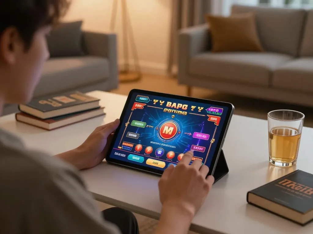 Engaging in online gaming at 23win trang chủ with vibrant casino graphics on tablet, creating an immersive user experience.