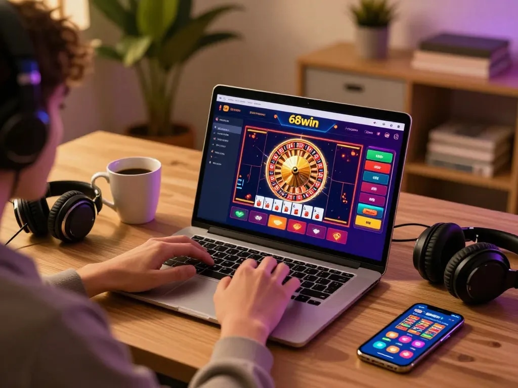 Player enjoying the 68win online casino experience at home with engaging games on a laptop.