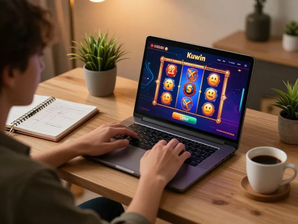 Kuwin player engaging with vibrant slot graphics on a laptop at cozy home setup.