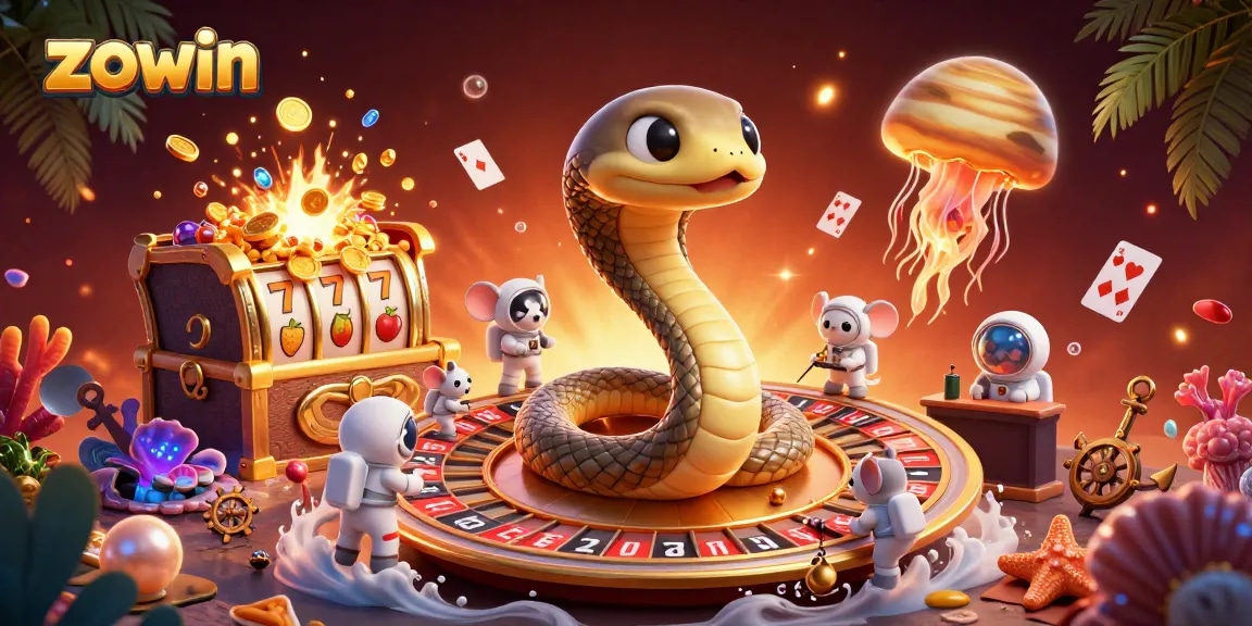 Engage in thrilling casino gaming at zowin with vivid illustrations of roulette, slots, and unique characters.