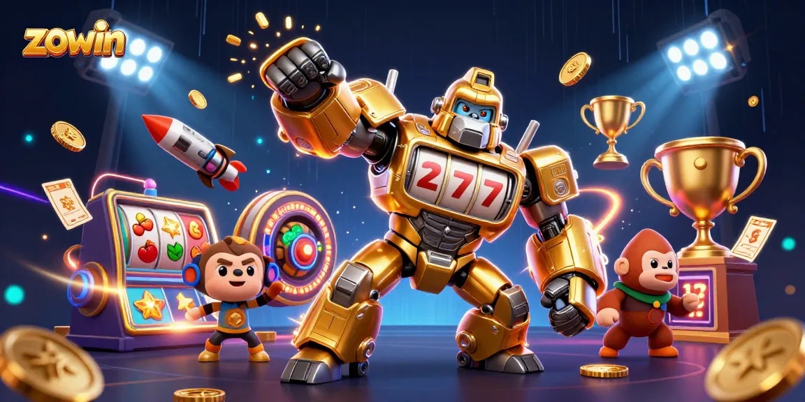 Zowin brings excitement to gamblers with a dynamic slot machine-themed illustration featuring a golden gorilla mech.