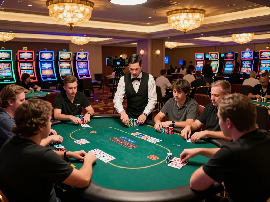 TR88 poker tournament with intense players strategizing amidst vibrant casino atmosphere