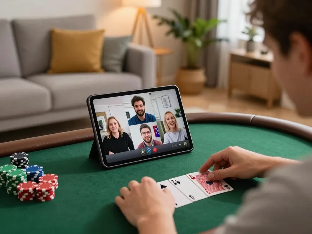Engaged player at home experiencing tg88 online poker excitement with friends, showcasing cards and chips