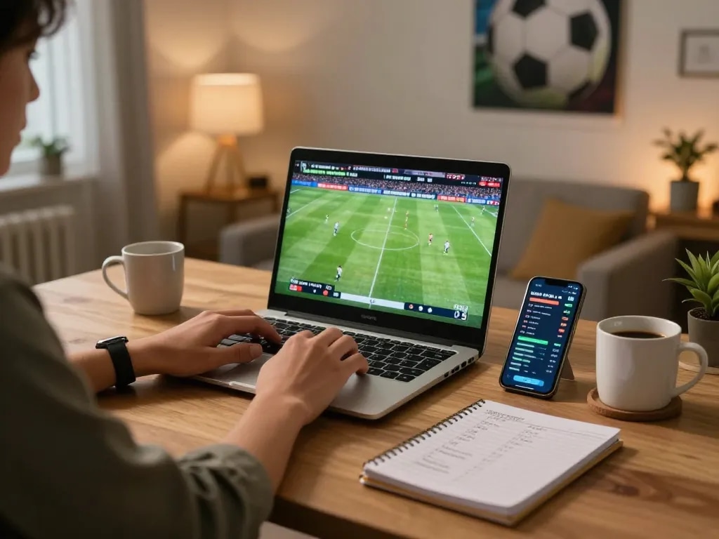 Socolive user engaging in live sports betting while reviewing strategies in a comfortable home office setting.