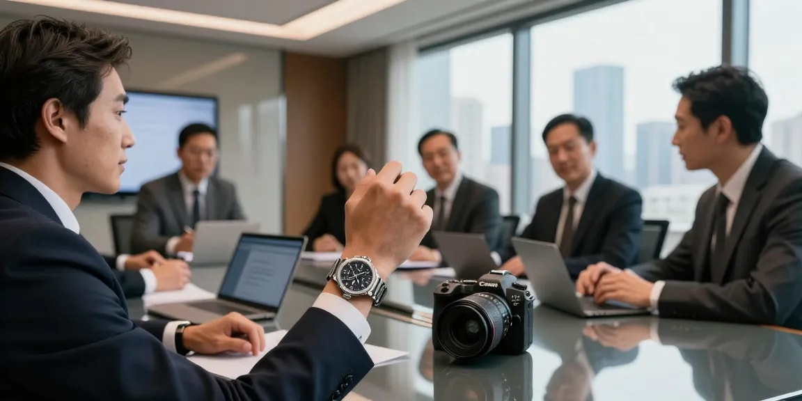 Showcasing super clone watches in a professional business meeting atmosphere with elegance and sophistication.