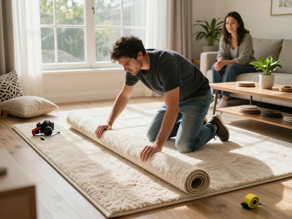 Residential carpet installation in a warm living room, showcasing the meticulous laying of plush carpet
