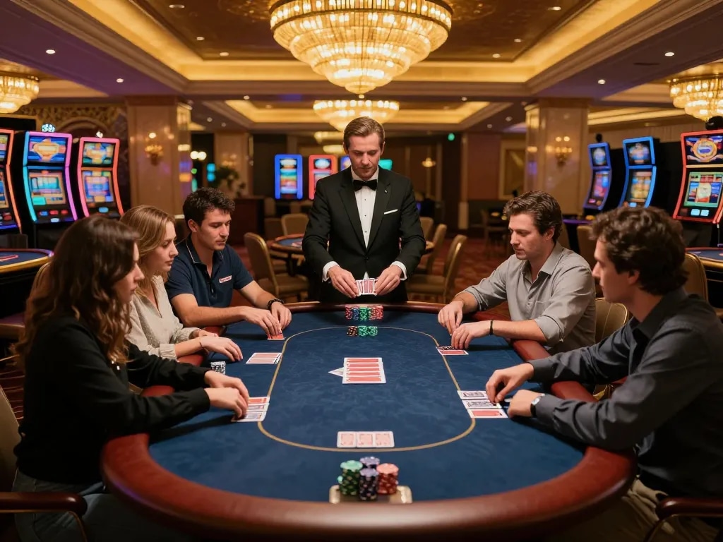 Players strategizing at KJCTop's exclusive poker table in an upscale casino setting.
