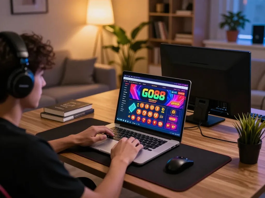 Player enjoying online casino gaming at home using the GO88 interface, exemplifying engaging entertainment at go88i.