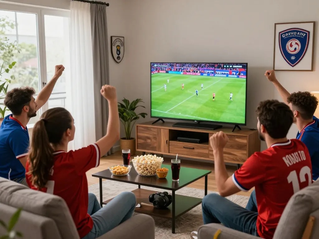 Excited fans watching Cakhiatv's live football match in a cozy living room.