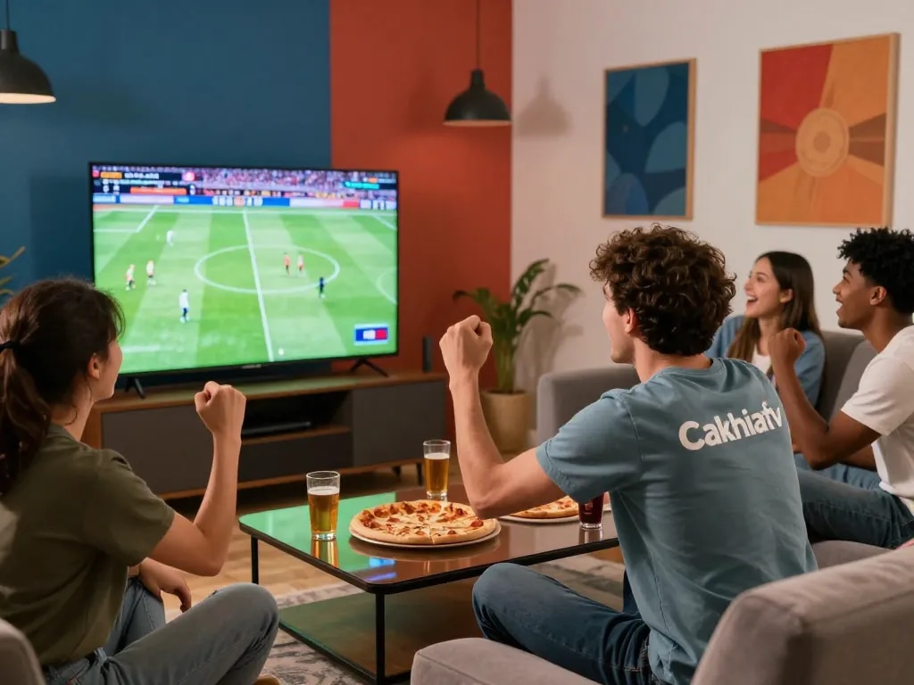 Cakhiatv enthusiasts enjoying a live football match in a cozy living room setting