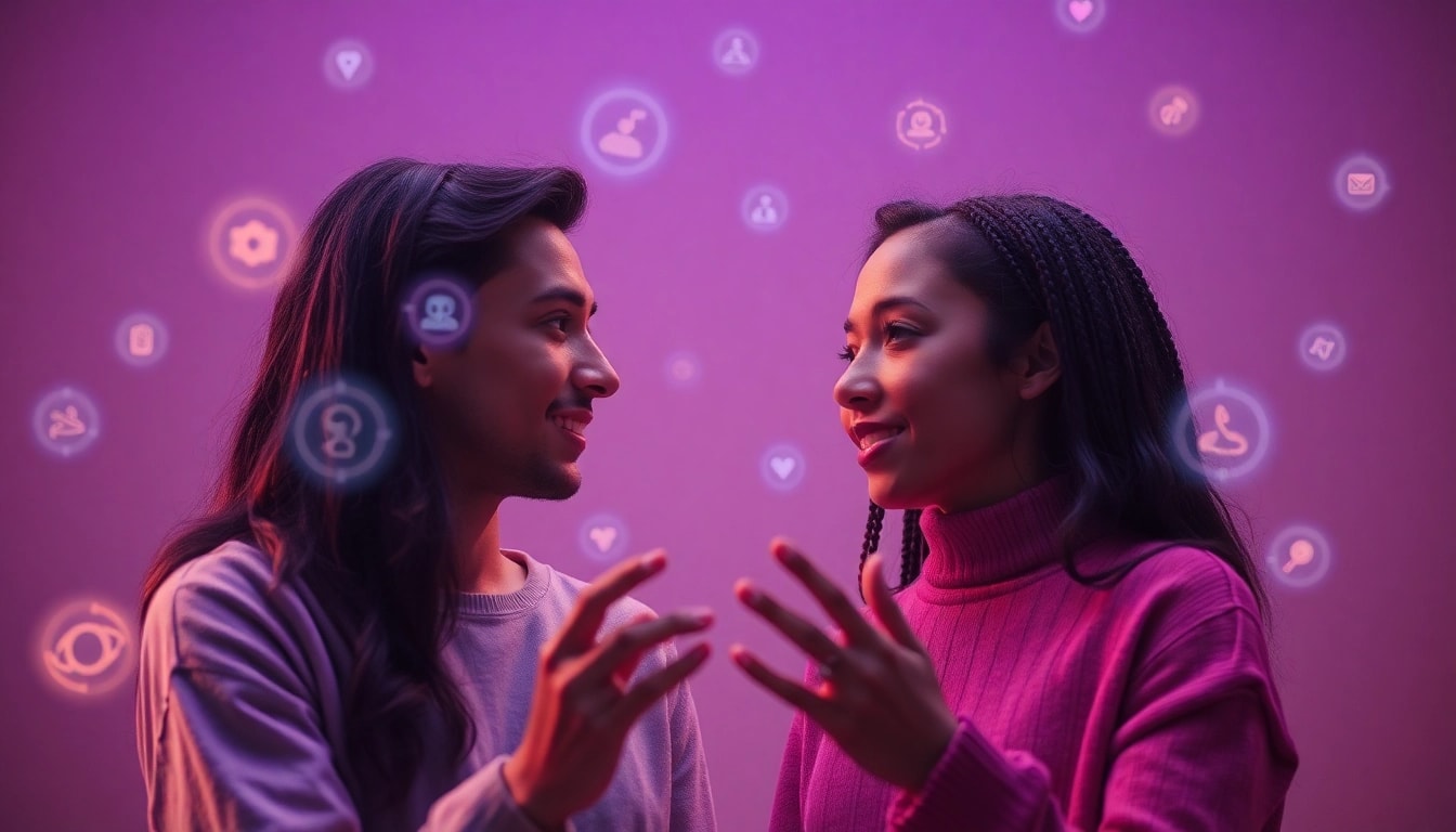 Engaging illustration of sex ai concept, featuring diverse individuals in a virtual conversation with futuristic digital elements.