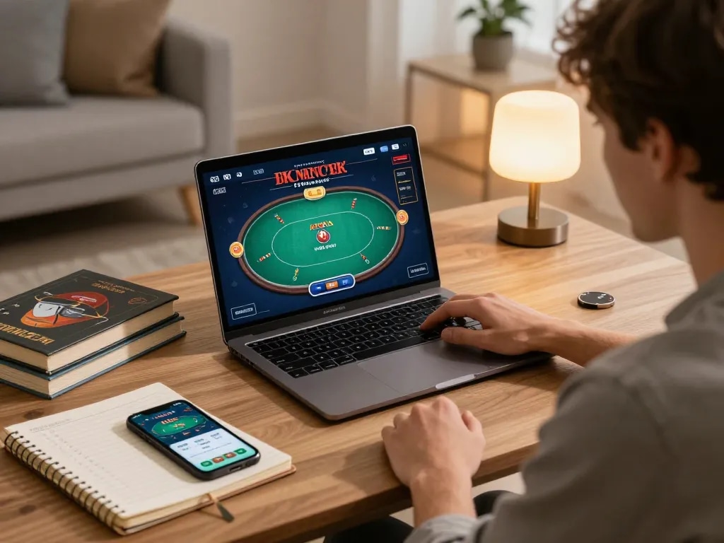 Player engaging in online gambling at home using HB88, focused on poker strategy with betting notes.