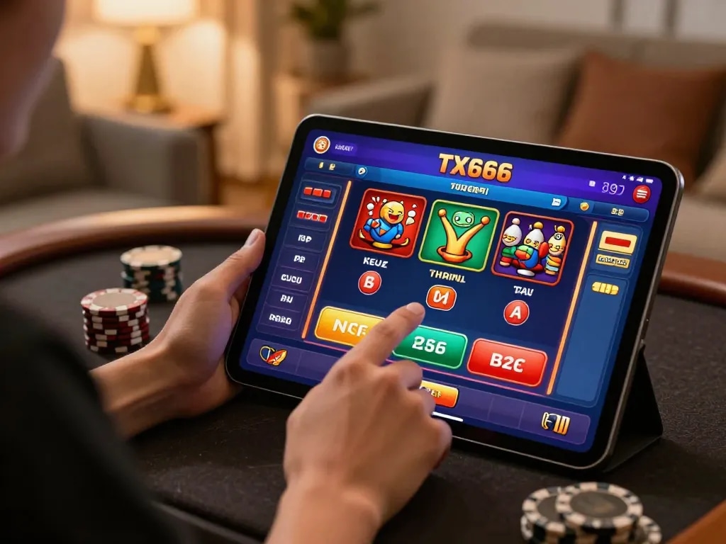 Person engaging in online gambling on trang chủ Tx666 with a tablet, showcasing the casino app functionality.