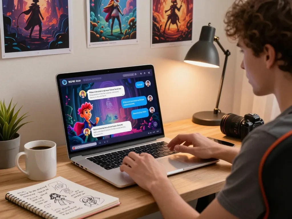 Engaging ai nsfw conversation scene on a laptop in a cozy home office.