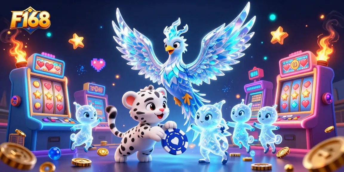 Engage with F168's vibrant 3D casino scene featuring an ice phoenix and glowing sprites amidst thrilling gaming elements.