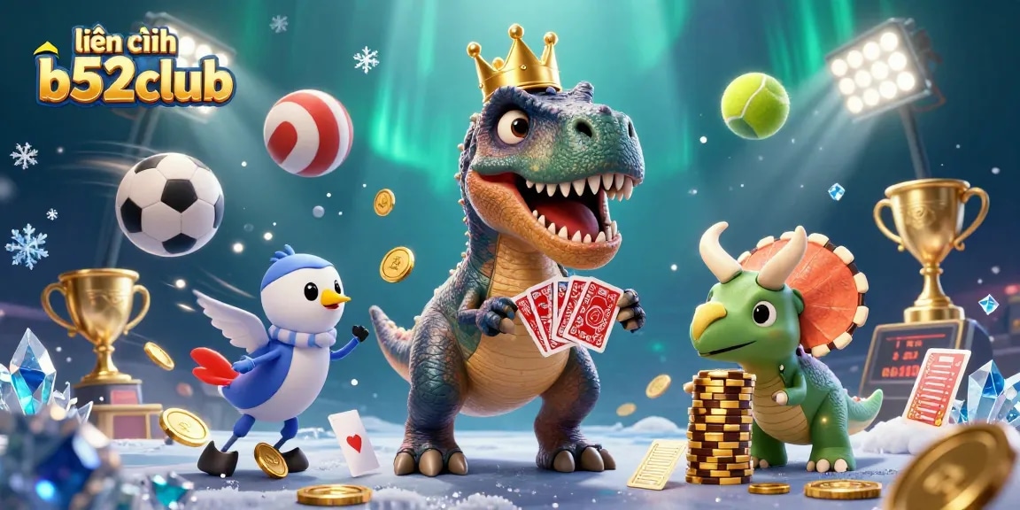 Engage with liên hệ b52club as T-Rex shuffles cards with friends in a vibrant casino scene.