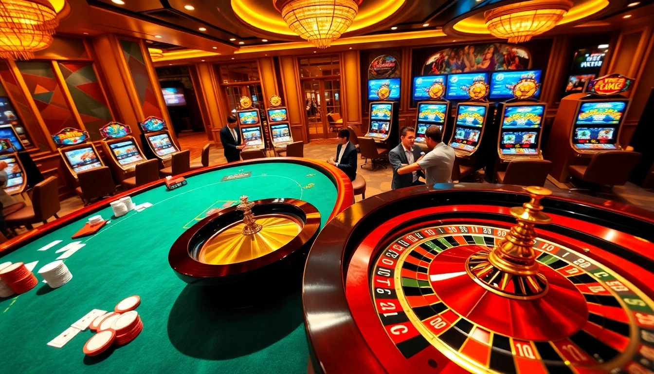Excited players engaging with GG88's vibrant casino tables and slot machines.