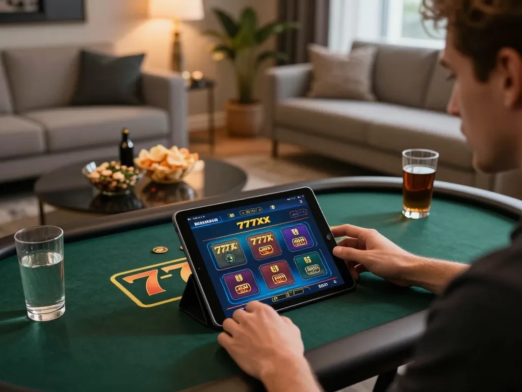 Player enjoying the 777x casino app on a tablet in a cozy and modern living room.
