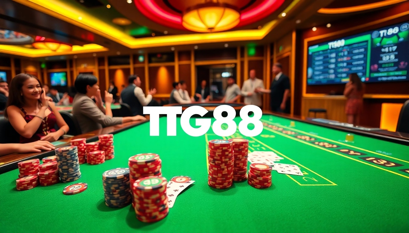 Players enjoying a thrilling game at TG88 casino table with vibrant poker chips.