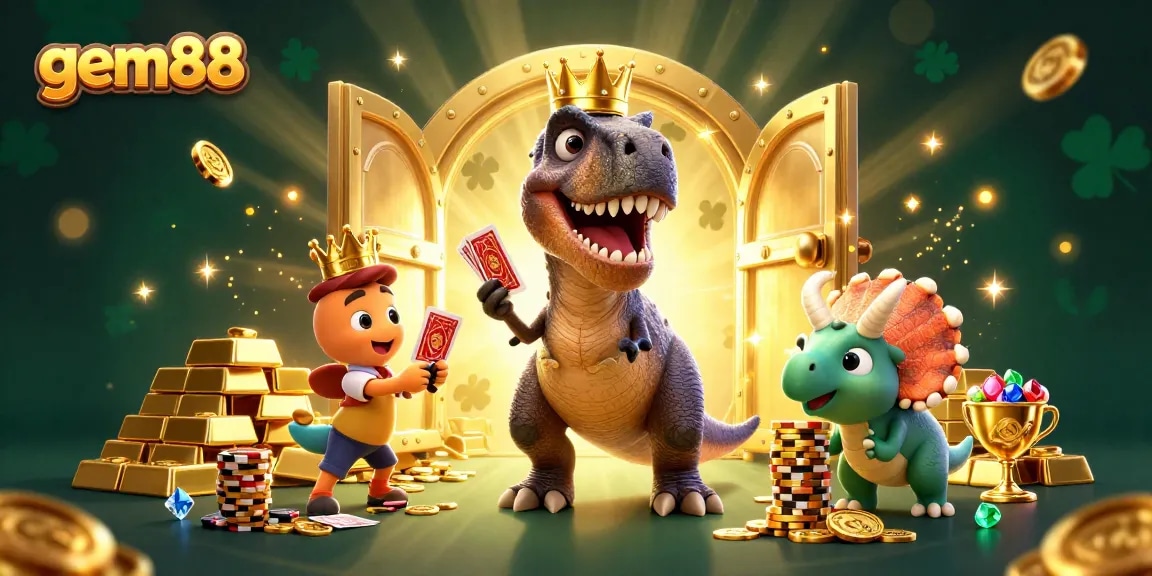 Experience the thrill of gem88 gaming with vibrant 3D T-Rex and treasures in a casino scene.