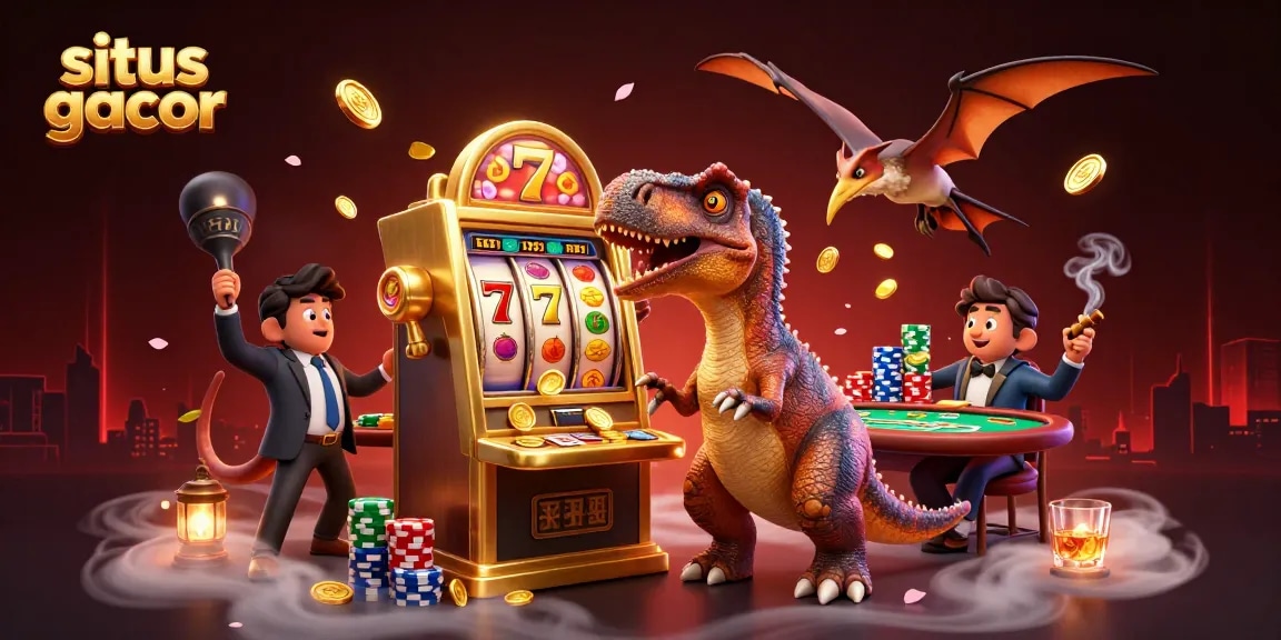 Experience situs gacor with a fun illustration of a dinosaur triggering a jackpot and a chaotic casino scene.