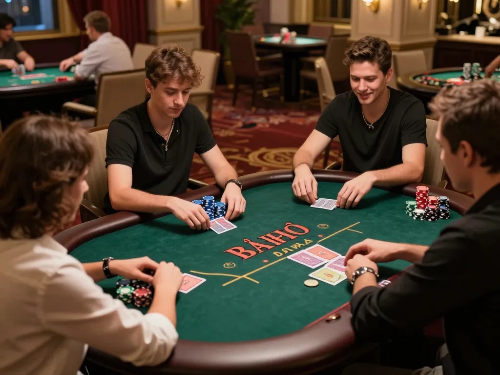 Bài Phỏm players competing at a luxury poker table in an upscale casino atmosphere.
