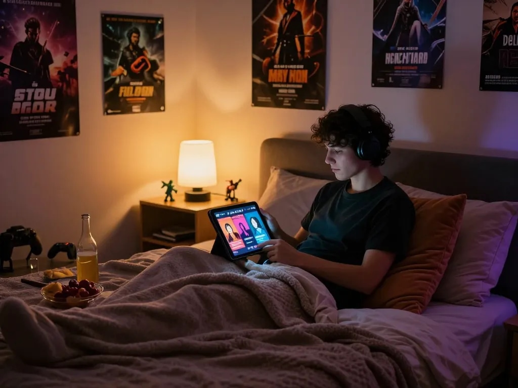 Cozy bedroom scene showcasing a person engaging in free porn games on a tablet with warm ambient lighting.
