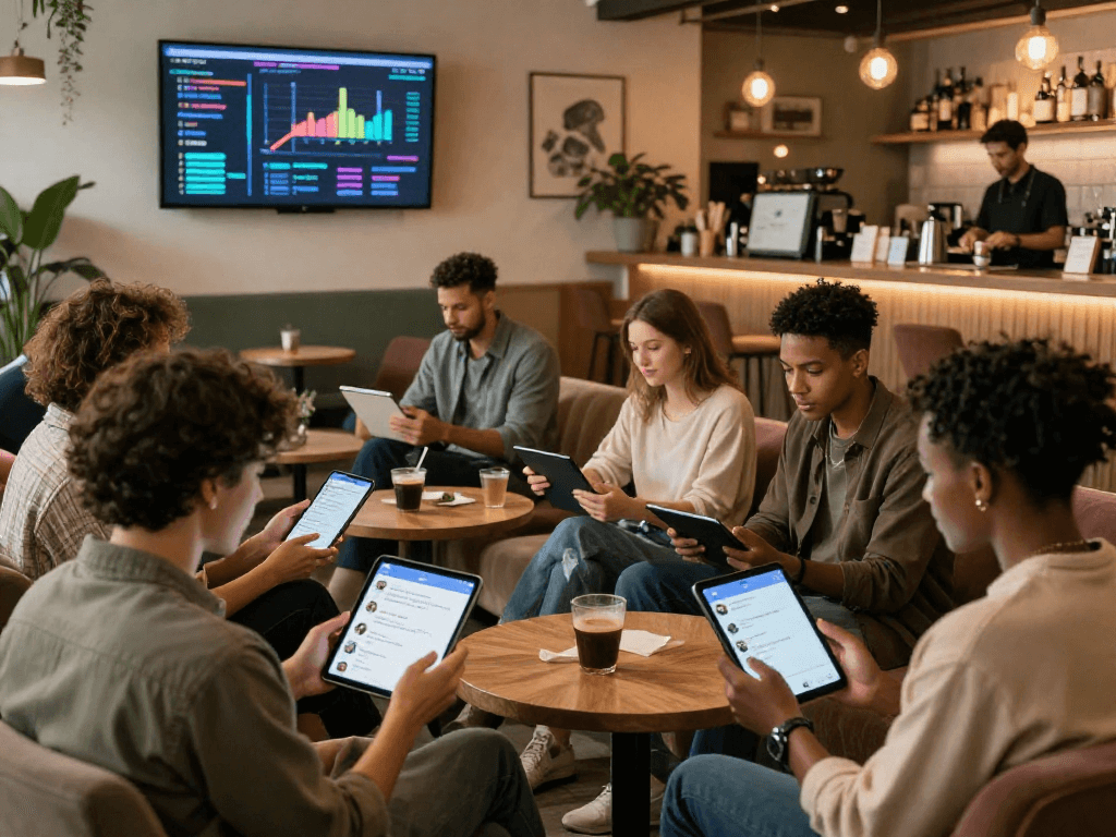 Engaging scene of diverse individuals using porn ai chat technology in a cozy lounge setting, showcasing dynamic interactions.