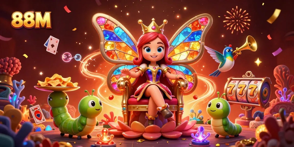 Experience the vibrant gaming world of 88M with a stunning butterfly queen illustration amidst dazzling casino elements.