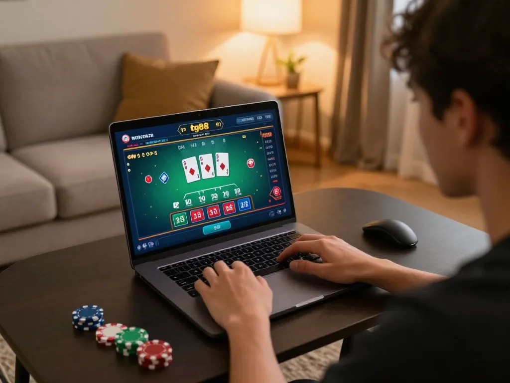 Player enjoying a blackjack game on tg88 amidst cozy home decor, reflecting online gambling.