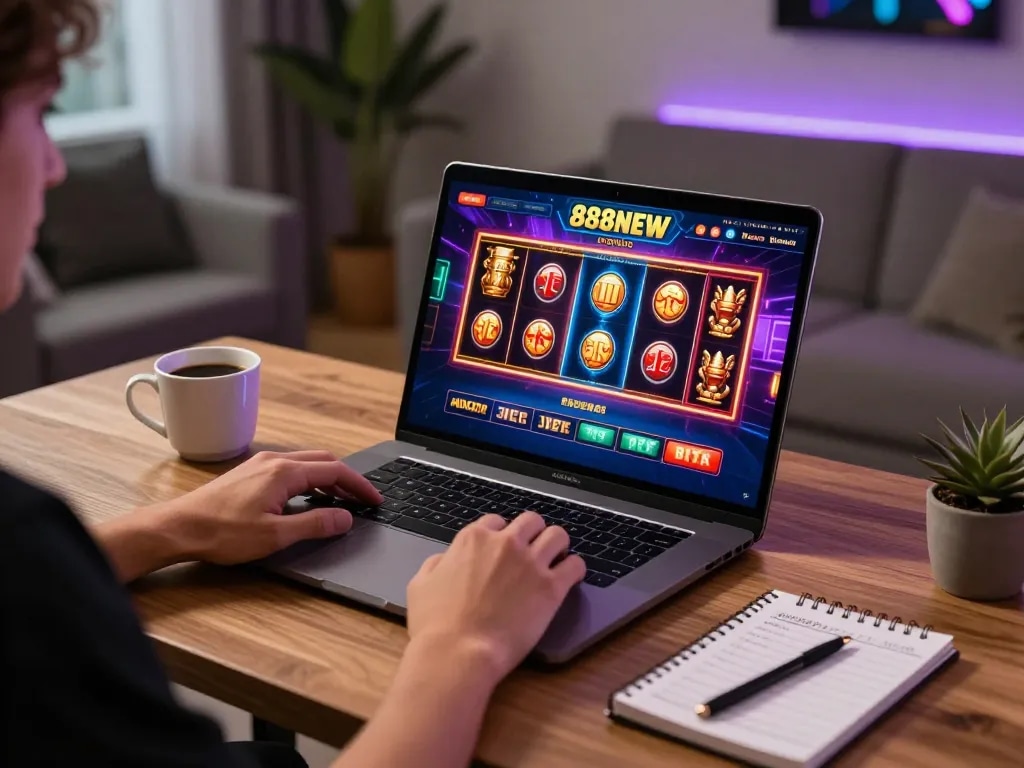 Player engaging with the latest 888NEW slot games on a sleek laptop in a cozy gaming space for optimal experience.