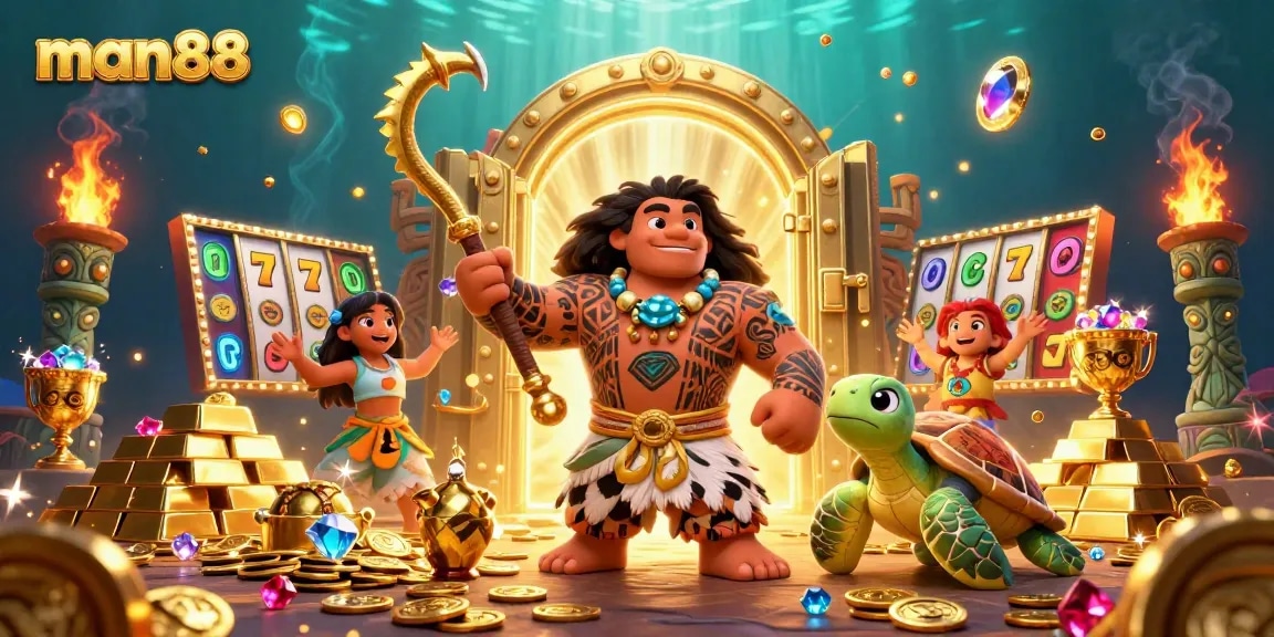 Experience the excitement of winning at man88 with a vivid casino-themed 3D illustration full of rewards.