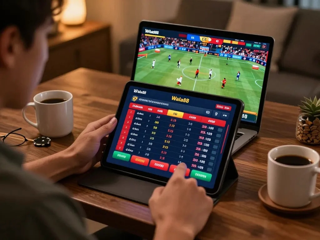 Engaged player strategizing with WALA88 ĐÁ GÀ betting interface on tablet during live match.