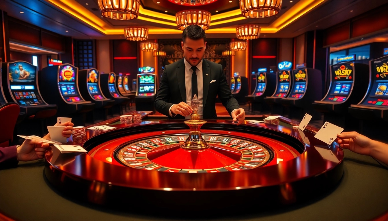 Exciting casino atmosphere featuring roulette and poker, highlighting xx88's thrilling gaming experience.