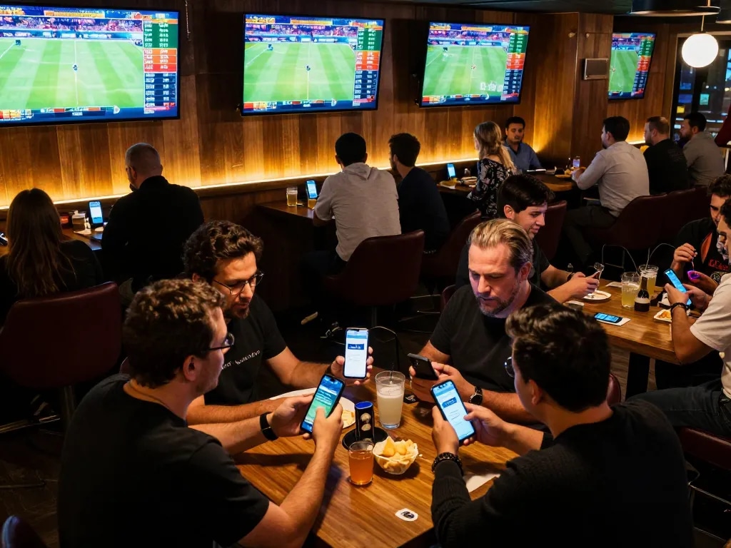 Betting action with 888vnd mobile app in vibrant sports bar, exciting atmosphere and live games.