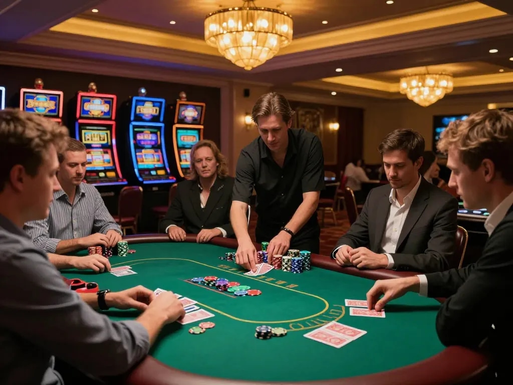 X88 com players engaging in an exciting poker game at a high-end casino with vibrant atmosphere.