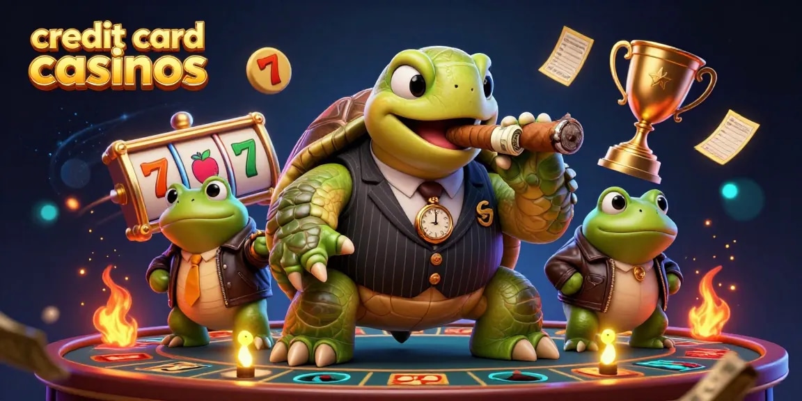 Engage with credit card casinos offering exciting games in this vibrant 3D illustration featuring a turtle mobster and frog enforcers.