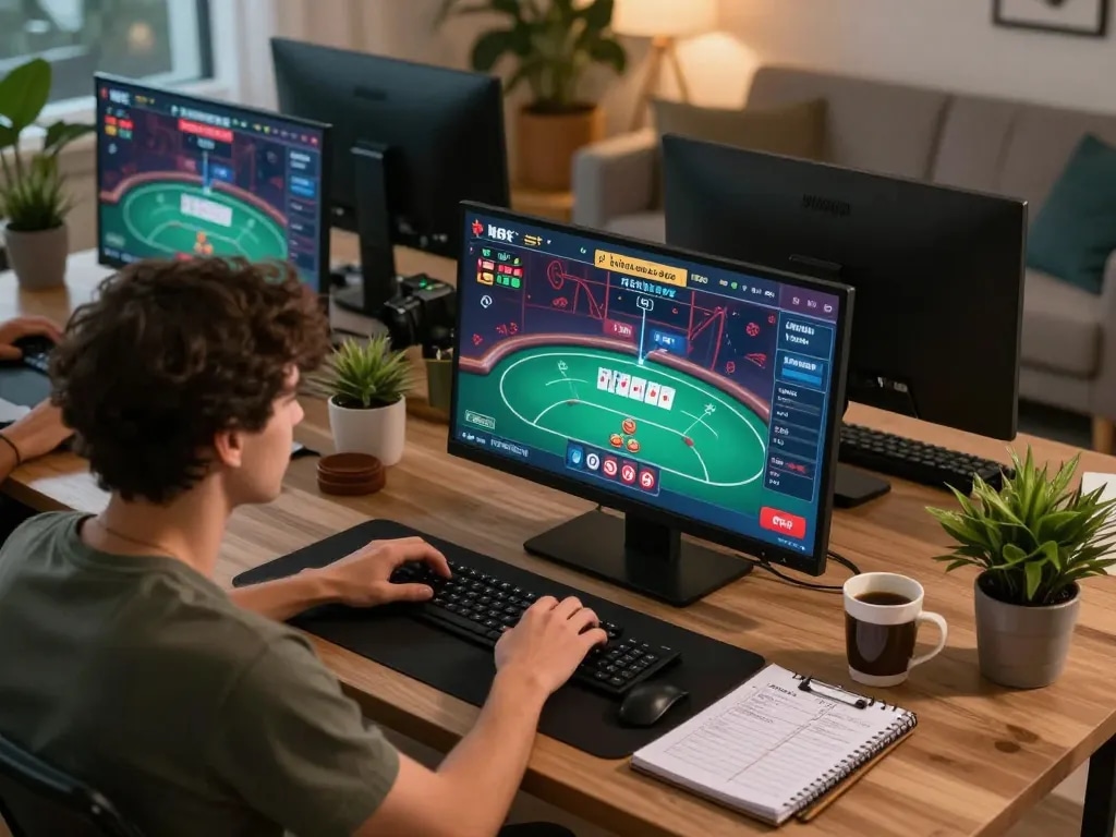 Person engaged in online gambling with 1gom interface displaying live dealer poker action.