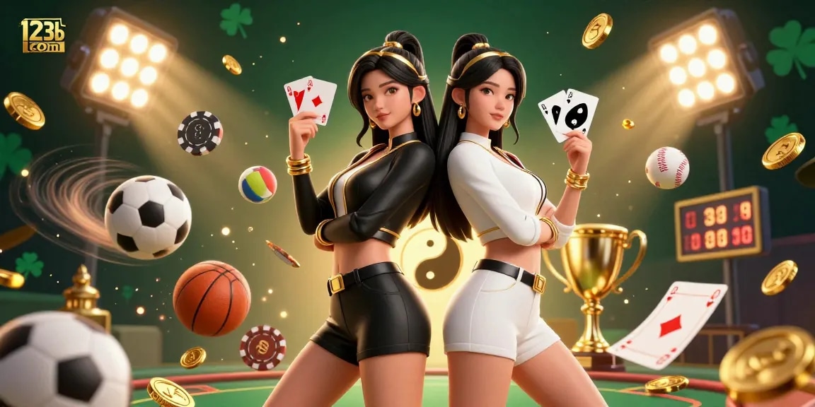 Engage with 123b com in a vibrant 3D casino scene featuring dynamic sports elements and glamorous characters.