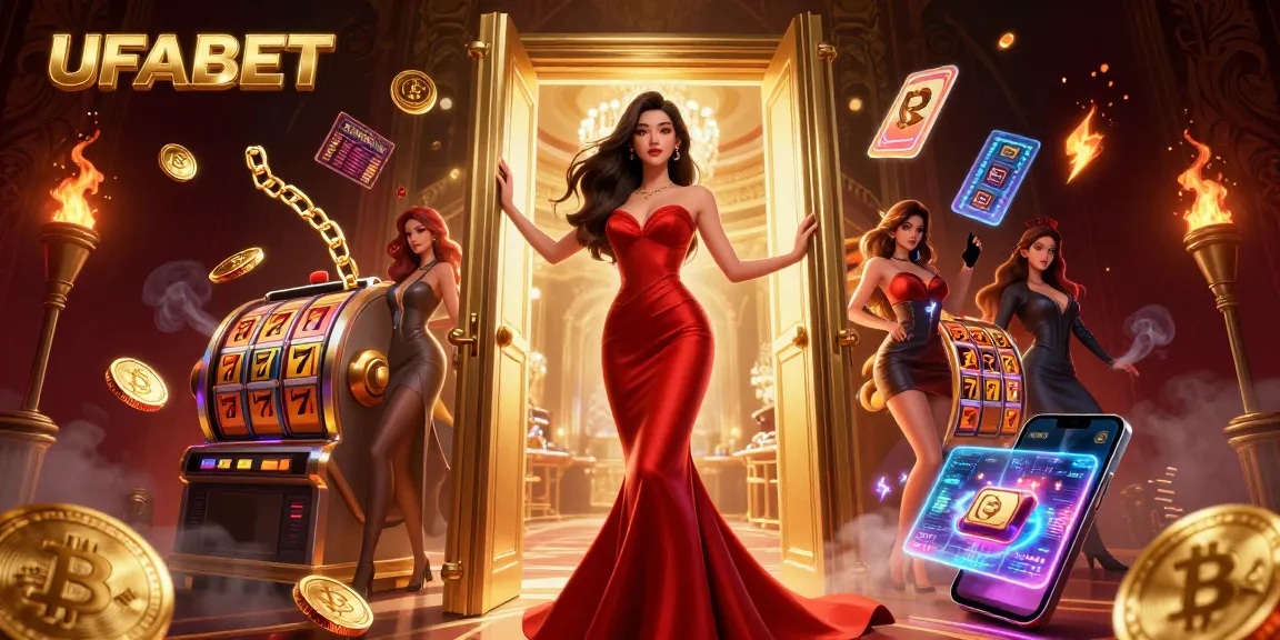 Engage with UFABET's thrilling online slots through a vibrant 3D casino scene featuring dazzling lights and game elements.