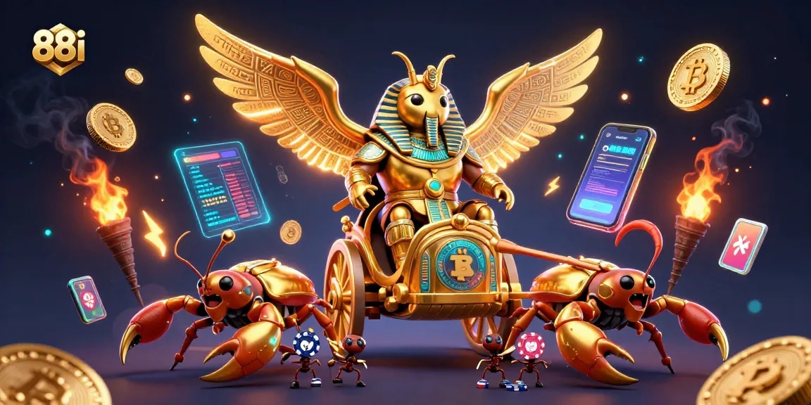 Experience the thrilling features of 88i with a dynamic scene showcasing golden scarabs and crypto coins.