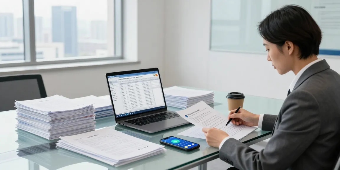 Forensic auditor analyzing data at a conference table, showcasing aafikotabandungb.org's expertise in forensic auditing.