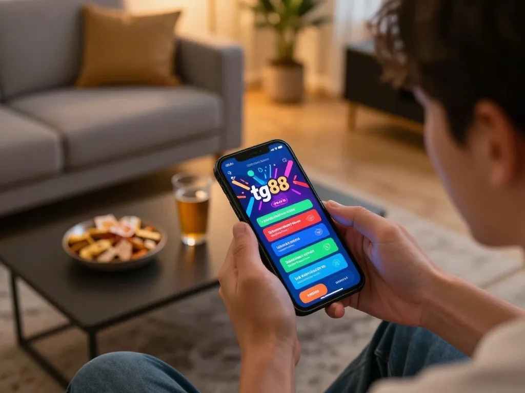 Engaging with the tg88 link casino app in a cozy gaming atmosphere.