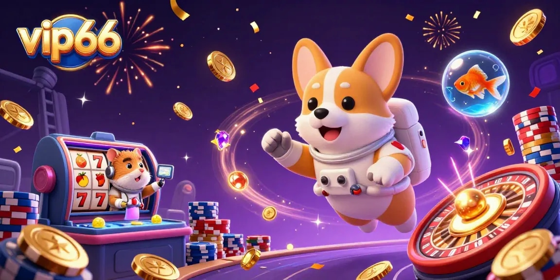 Engaging scene of vip66, showcasing a corgi astronaut and casino elements in space.